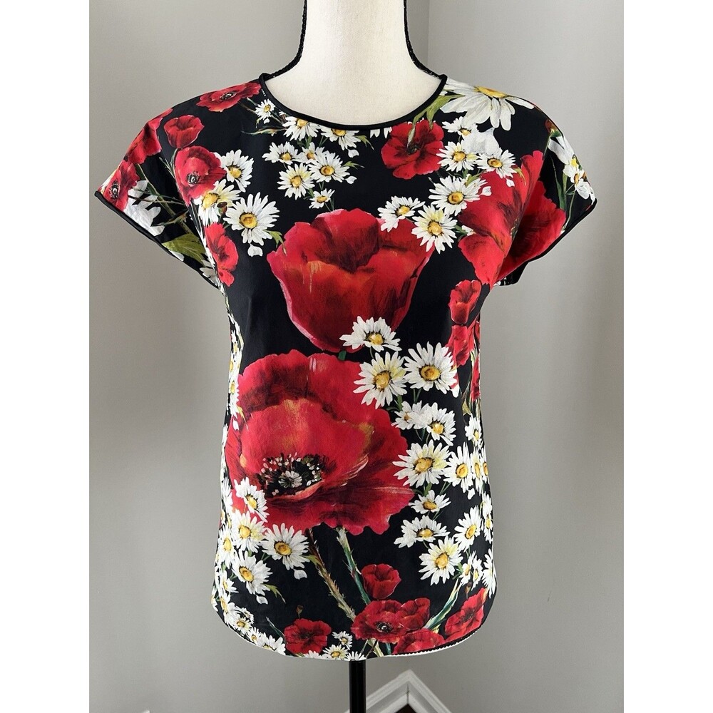 Dolce & Gabbana Floral Print Blouse Red and Black Size 36 (XS) EUC